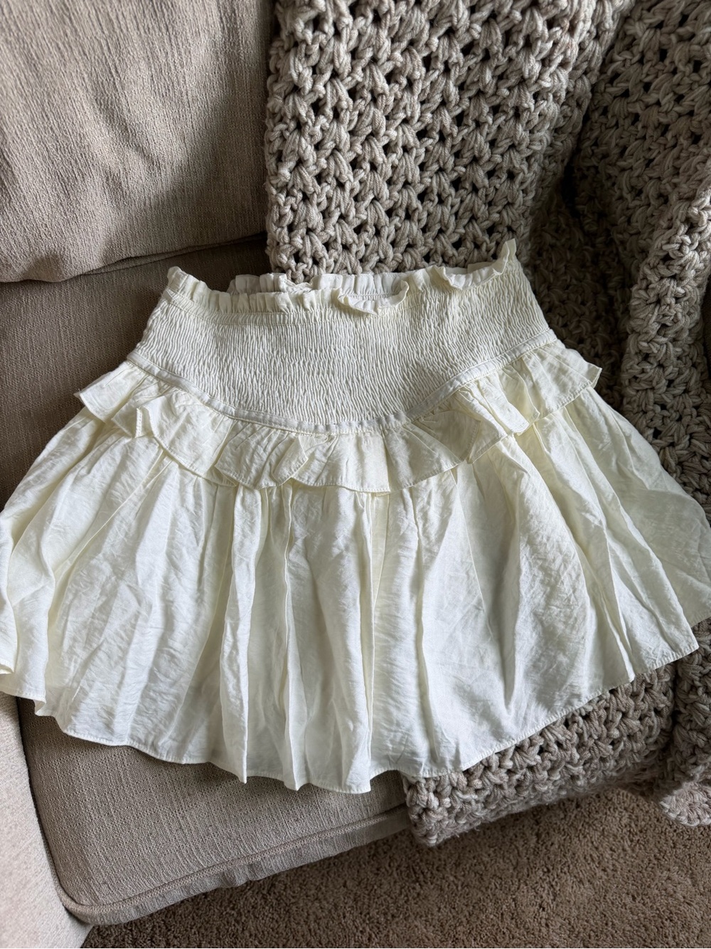 Women's Cream Smocked Tiered Mini Skirt